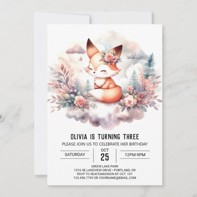 Invitation Pastel Happy Fox Anniversaire numérique (Devant)