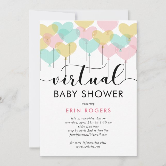 Invitation Pastel Heart Balloons Baby shower virtuel (Devant)