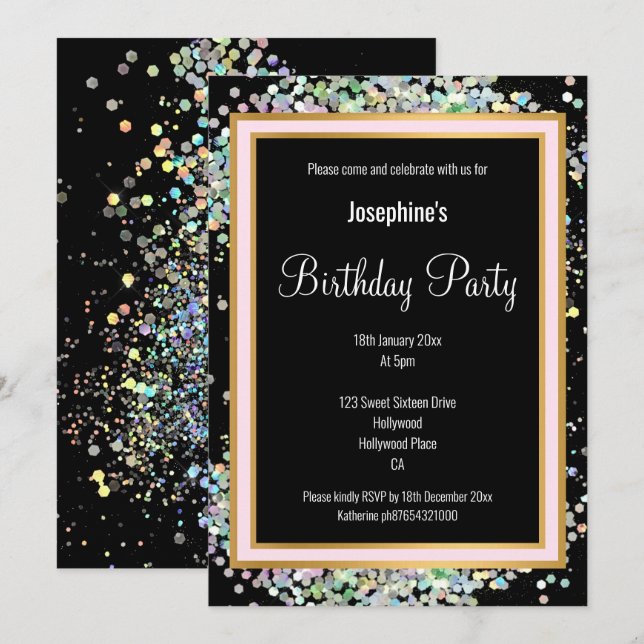 INVITATION PASTEL HOLOGRAPHIQUE DOUBLE ROSE NOIRE OR ANNIVERS (Devant / Derrière)