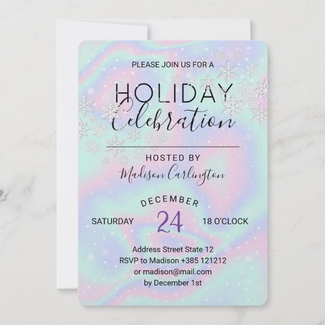 Invitation Pastel Holographique Texture Snowflakes Holiday (Devant)