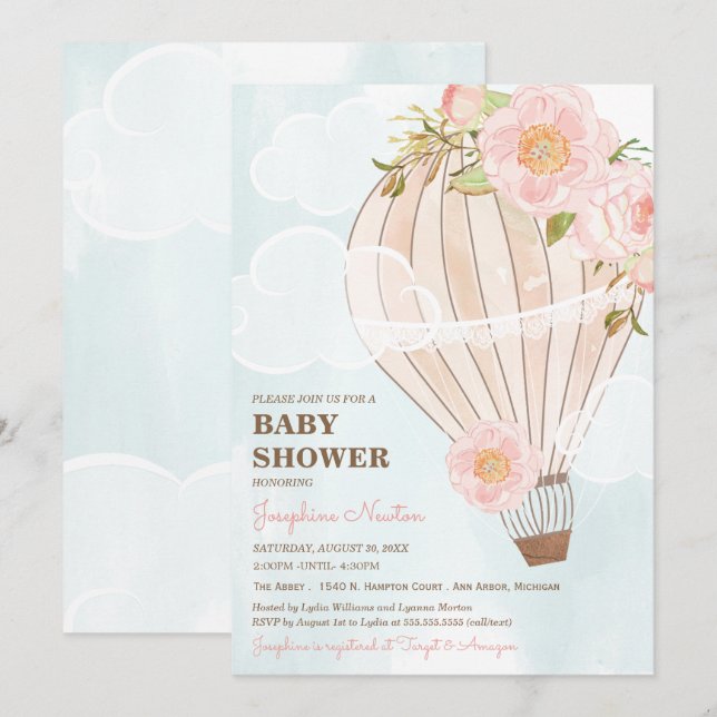 Invitation Pastel Hot Air Balloon Girl Baby shower (Devant / Derrière)