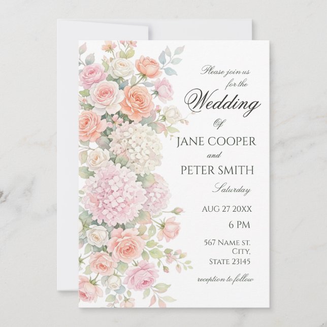 Invitation Pastel hydrangeas and roses. Budget Wedding (Devant)