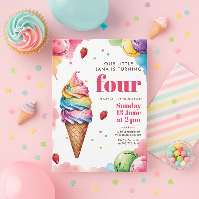 Invitation Pastel Ice Cream Cone Birthday | Girl’s Sweet  (Créateur téléchargé)