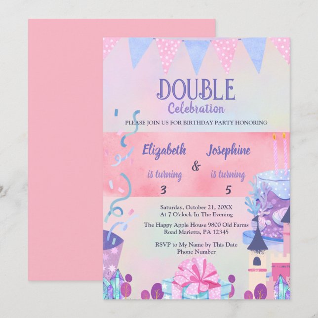 Invitation Pastel Joint Girls Double Birthday Celebration (Devant / Derrière)