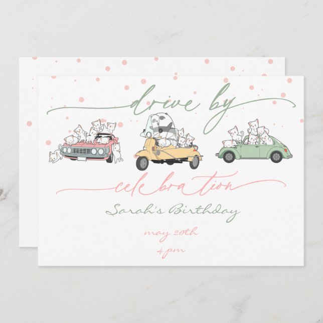 Invitation Pastel Kawaii Chats Surprise Parade de célébration (Devant / Derrière)