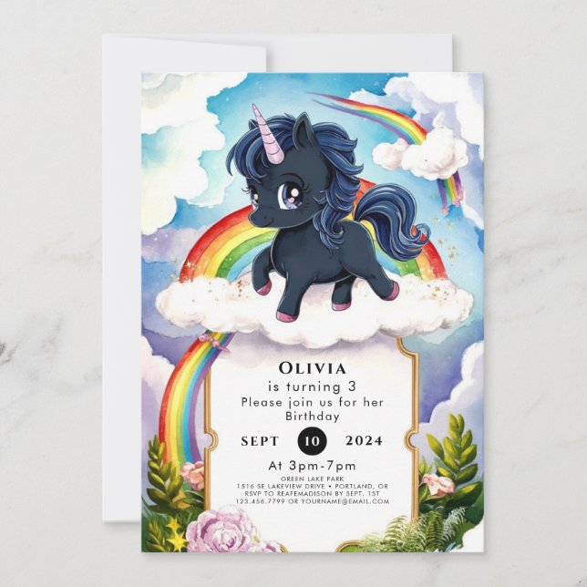 Invitation Pastel Kids Black Unicorn Anniversaire (Devant)