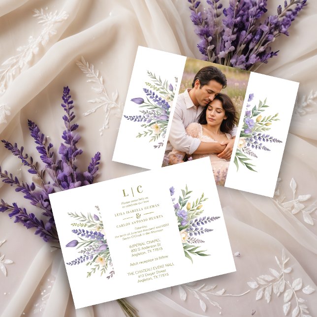 Invitation Pastel Lavender Flowers & Greenery Elegant Spring  (Pastel Lavender Flowers & Greenery Elegant Spring Photo Wedding Invitations Cards.)