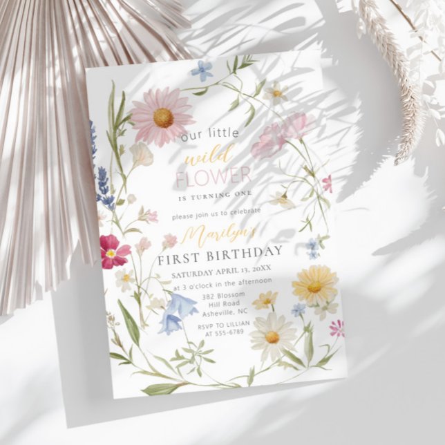 Invitation Pastel Little Fleur sauvage Girl 1er anniversaire (Créateur téléchargé)