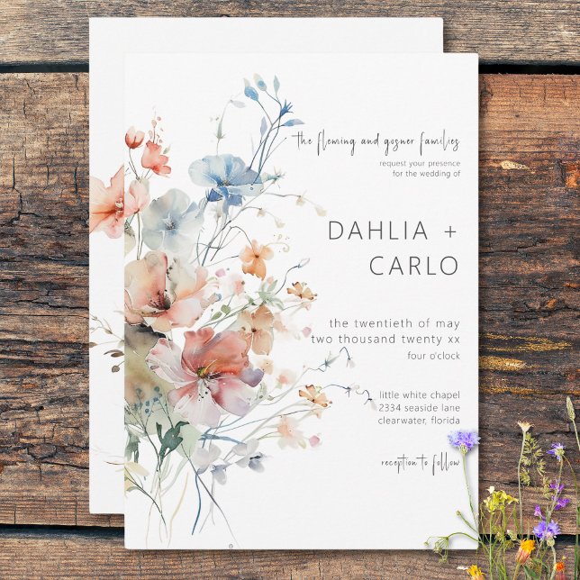 Invitation Pastel Loose Fleur sauvage Mariage moderne (Pastel Loose Wildflowers Modern Wedding Invitation)