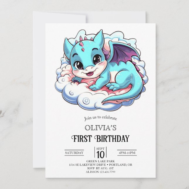 Invitation Pastel Majestic Digital Dragon 1er anniversaire (Devant)