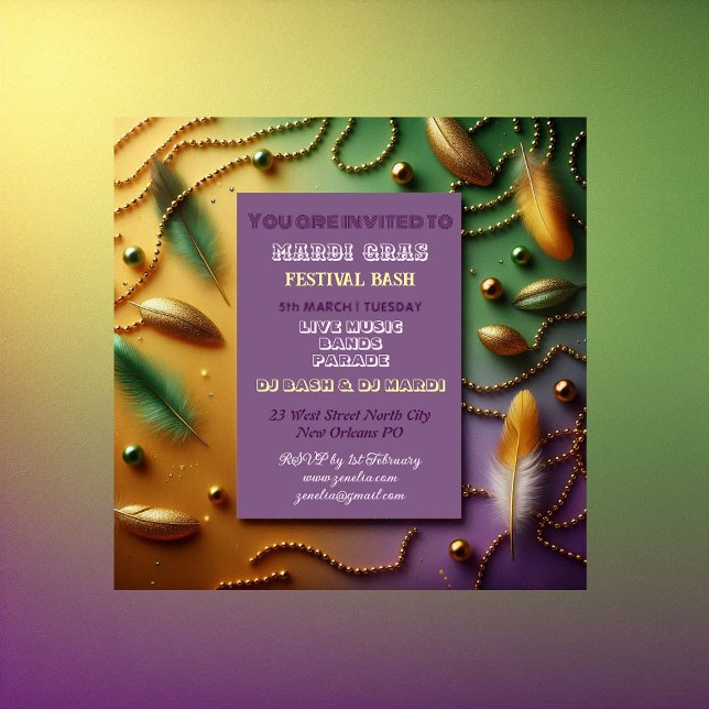 Invitation Pastel Mardi Gras Festival Perles de Plumes Bash O (Pastel Mardi Gras Festival Bash Feather Beads Gold Invitation)