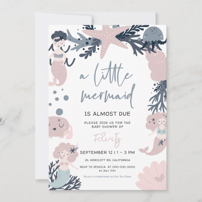 Invitation Pastel Mermaid sous le Baby shower marin (Devant)