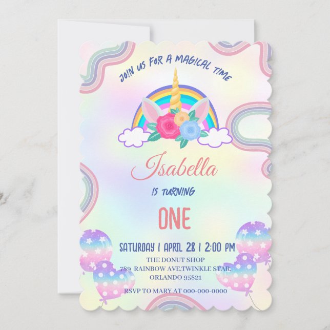 Invitation Pastel mignon Unicorns Rainbow Birthday Party (Devant)