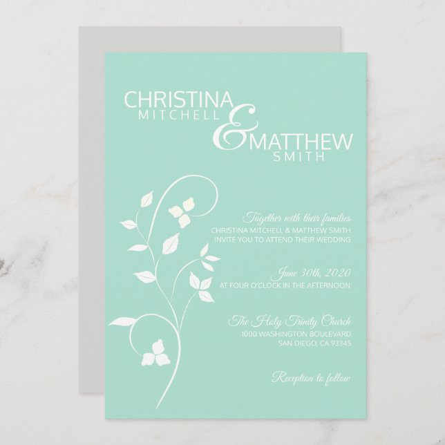 Invitation Pastel Mint Green & Light Grey Vine Mariage (Devant / Derrière)