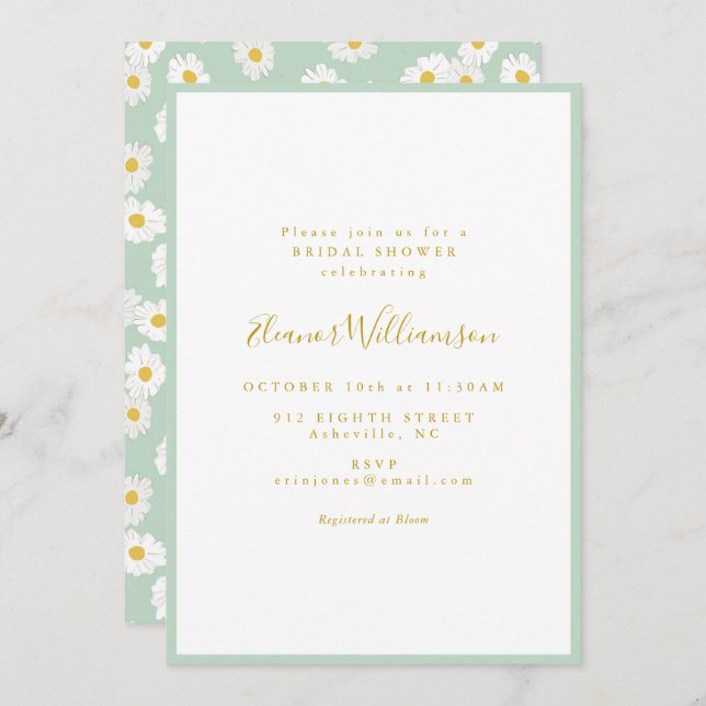 Invitation Pastel Mint Sage Retro Daisy Floral Bridal Shower (Devant / Derrière)