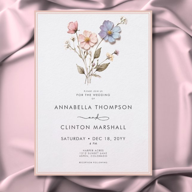 Invitation Pastel moderne Fleur sauvage Mariage rose (Modern Pressed Pastel Wildflowers Sage Wedding Invitation)