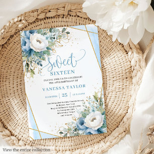Invitation Pastel mousseux Bleu Blanc Floral Doux 16 Invitati