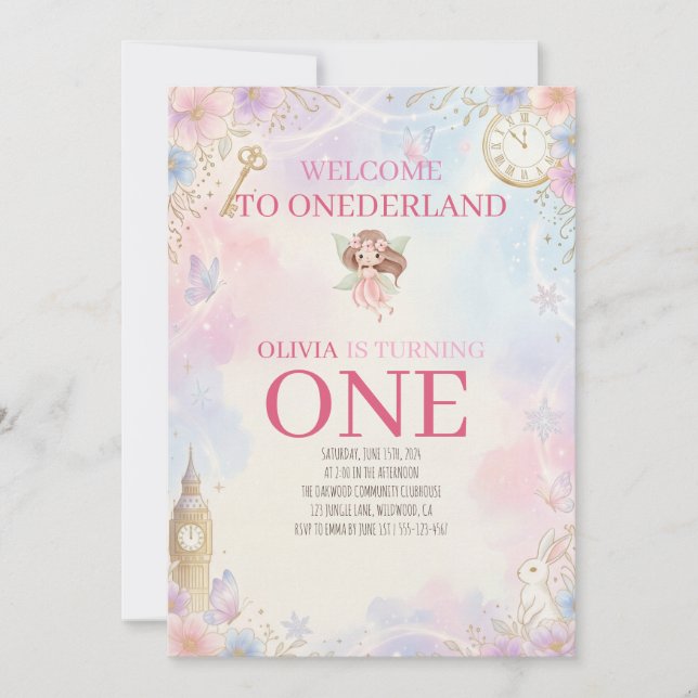 Invitation Pastel Onederland Conte de Fées Première Anniversa (Devant)