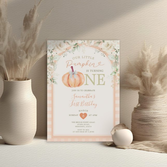 Invitation Pastel Orange Citrouille Floral En vichy 1er Anniv (Créateur téléchargé)