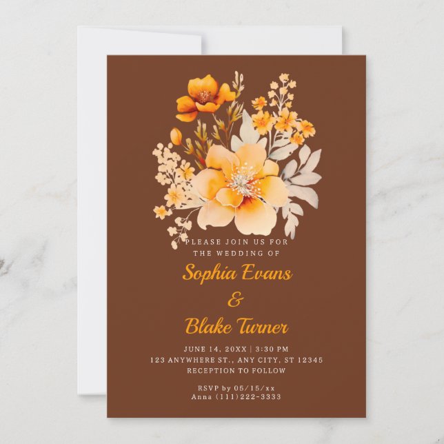 Invitation Pastel Orange Floral Bouquet Automne Mariage Brown (Devant)