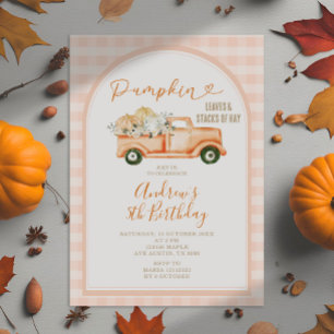 Invitation Pastel Orange Tractor Citrouille En vichy Annivers