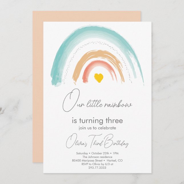 Invitation Pastel Our Little Rainbow Anniversaire fête Beige (Devant / Derrière)