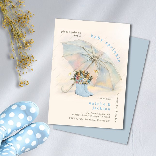 Invitation Pastel Parapluie Floral Bottes Bleues Baby Sprinky (Pastel Umbrella Floral Blue Boots Baby Sprinkle Invitation)
