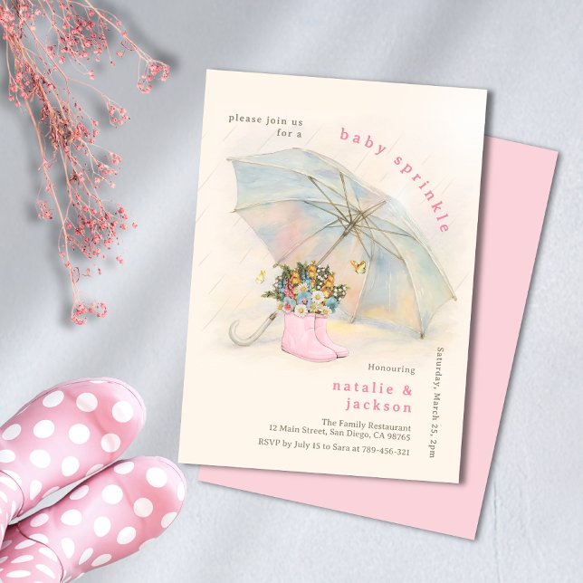 Invitation Pastel Parapluie Floral Bottes rose Baby Sprinky (Pastel Umbrella Floral Pink Boots Baby Sprinkle Invitation)
