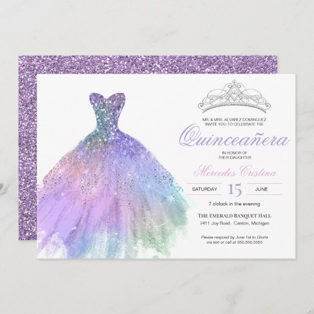 Invitation Pastel Parties scintillant Mermaid Unicorn Arc en  (Devant / Derrière)