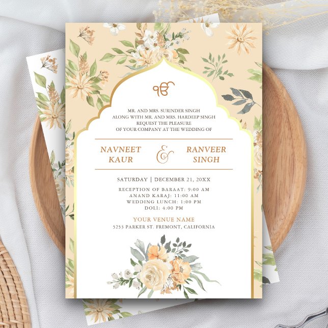 Invitation Pastel Peach Floral Anand Karaj Mariage Sikh (Créateur téléchargé)