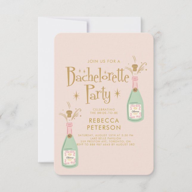 Invitation Pastel Peach Golden Champagne Bachelorte Party (Devant)