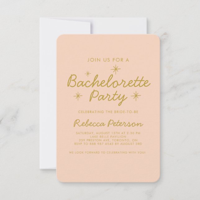 Invitation Pastel Peach Golden Typography Bachelorette Party (Devant)