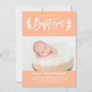 Invitation Pastel Peach Laurel Wreath Baby Photo Baptême