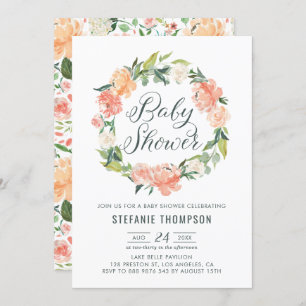 Invitation Pastel Peach Peonies Floral Wreath Baby shower