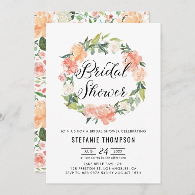 Invitation Pastel Peach Peonies Floral Wreath Fête des mariée (Devant / Derrière)