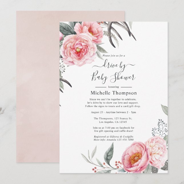 Invitation Pastel Pink and Grey Boho Floral Drive Par Douche (Devant / Derrière)