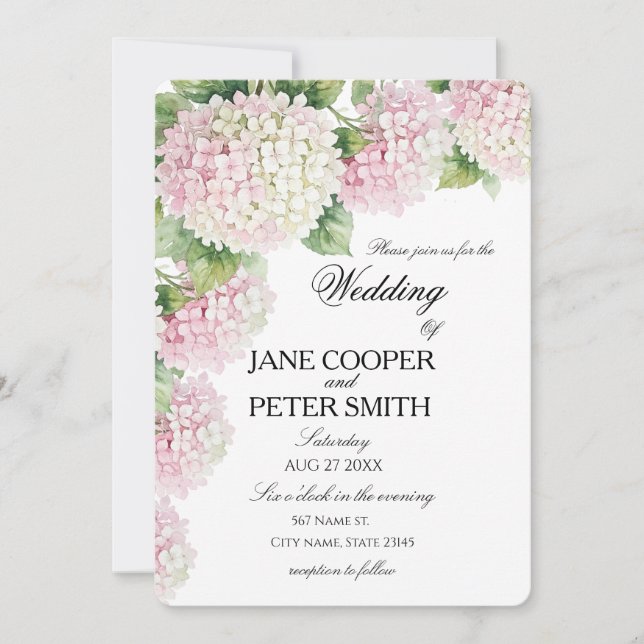 Invitation Pastel pink and white hydrangeas Budget Wedding  (Devant)
