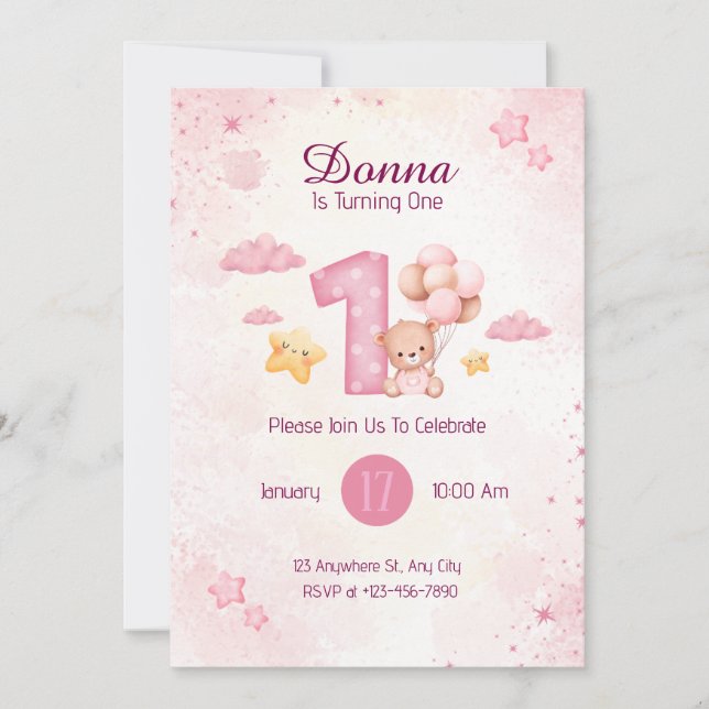 Invitation Pastel Pink Aquarelle Cute ours (Devant)