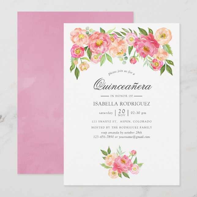 Invitation Pastel Pink aquarelle Peonies Quinceañera (Devant / Derrière)