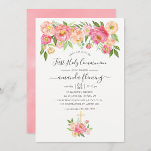 Invitation Pastel Pink Aquarelle Peonies Sainte Communion