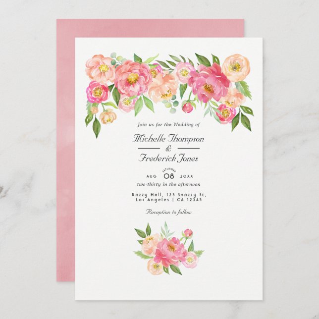 Invitation Pastel Pink Aquarelle Peony QR Code RSVP Mariage (Devant / Derrière)