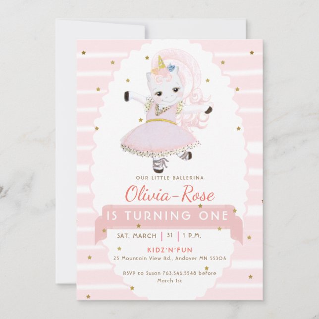 Invitation Pastel Pink Ballerina Unicorn Gold Girl Anniversai (Devant)