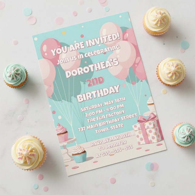 Invitation Pastel Pink Blue Balloon Girl's 2nd Birthday Party (Créateur téléchargé)