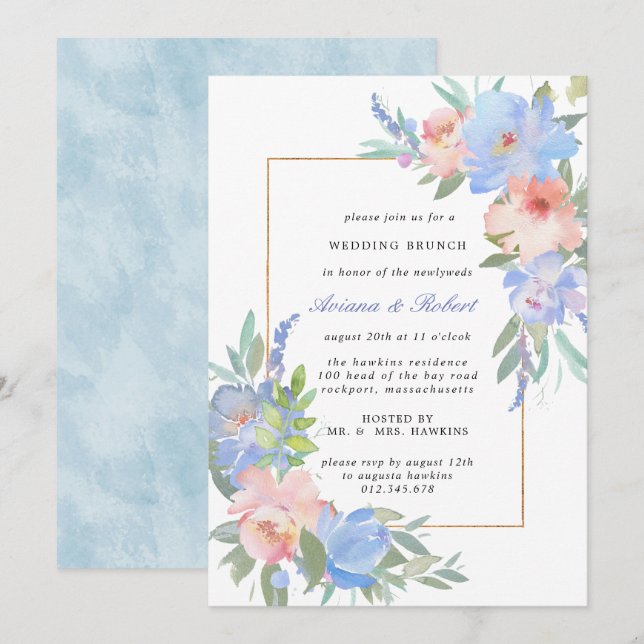 Invitation Pastel Pink Blue Floral Mariage Brunch (Devant / Derrière)