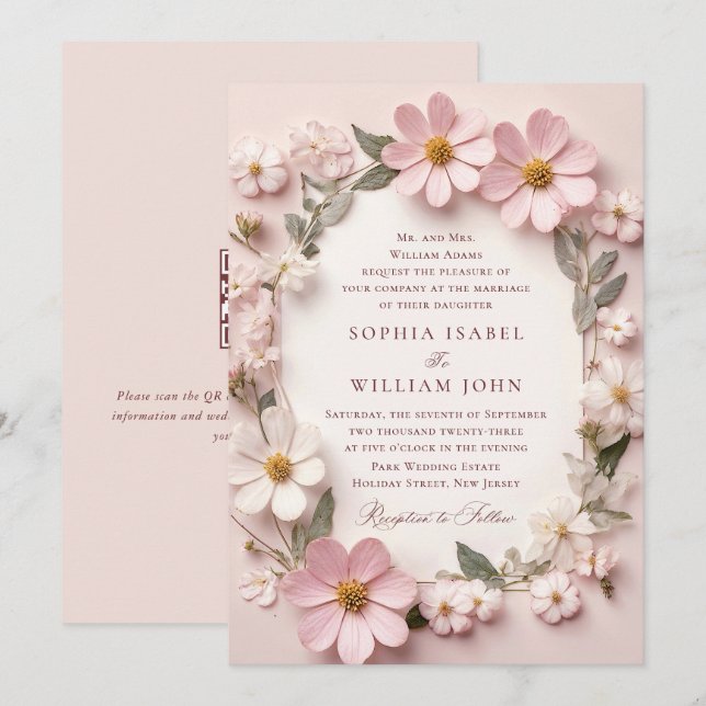 Invitation Pastel Pink Blush Boho Fleur sauvage code QR Maria (Devant / Derrière)