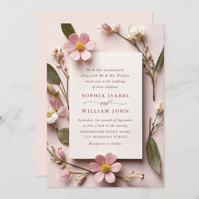 Invitation Pastel Pink Blush Boho Fleur sauvage code QR Maria (Devant / Derrière)