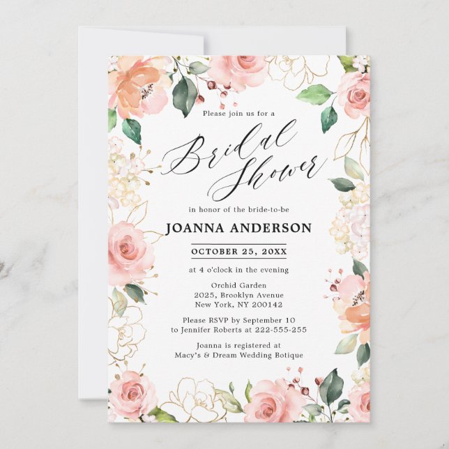 Invitation Pastel Pink Blush Rose Fête des mariées florale (Devant)
