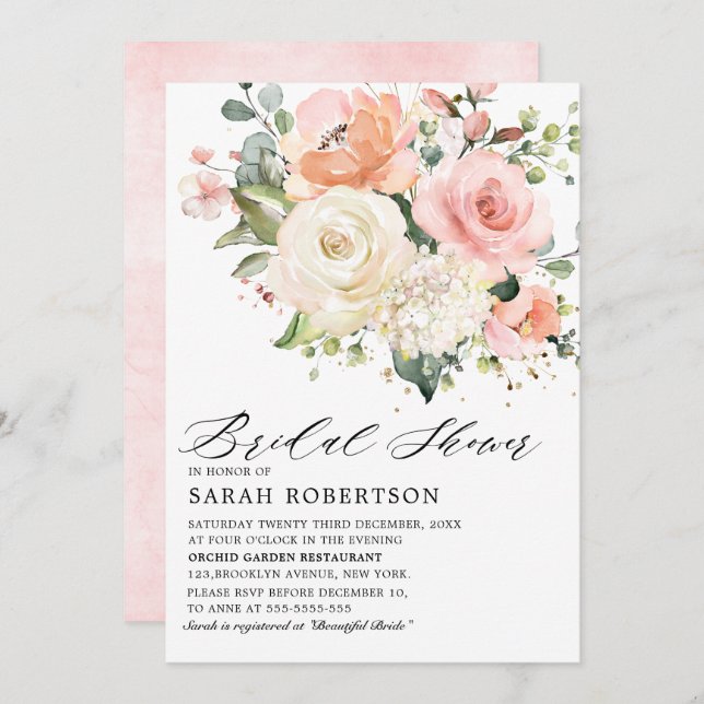 Invitation Pastel Pink Blush Rose Fête des mariées florale (Devant / Derrière)