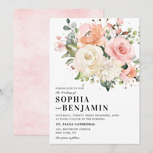 Invitation Pastel Pink Blush Rose Floral Mariage botanique (Devant / Derrière)
