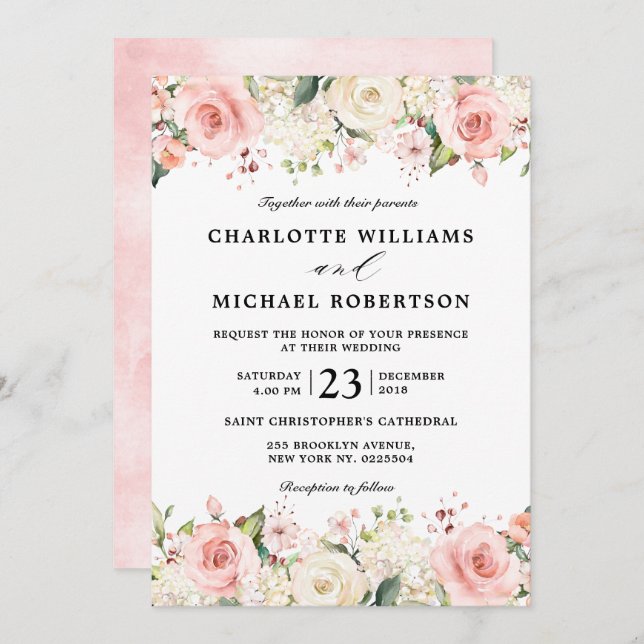 Invitation Pastel Pink Blush Rose Floral Mariage botanique (Devant / Derrière)